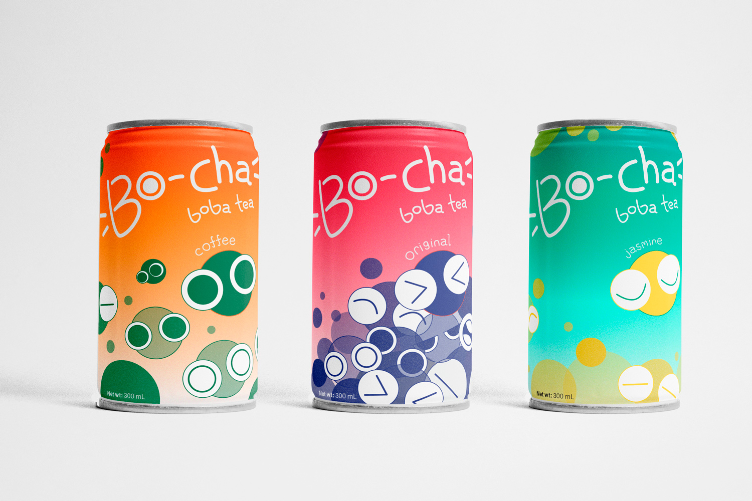 Lineup of the three Bo-Cha flavours, original black milk tea, coffee, and jasmine.