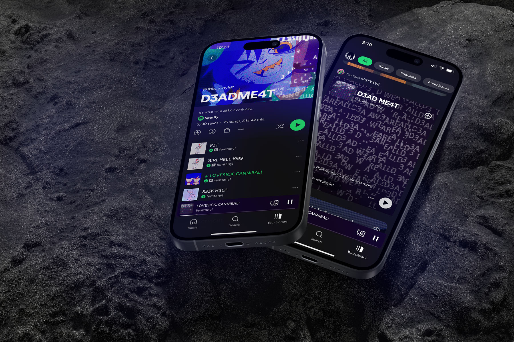 Iphone screens with one on a Spotify playlist. The playlist cover art features a D3ADME4T illustration. The other phone is on the Spotify home page and is showing a canvas screen for the D3ADME4T playlist. 