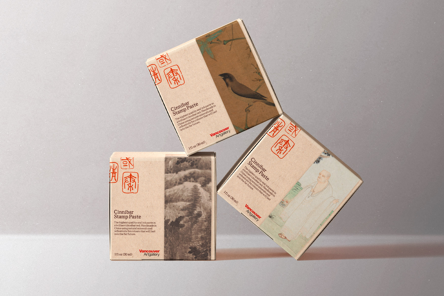 Cinnibar seal stamp paste product photo with 3 cover variations stacked on each other. The featured paintings are Finches and Bamboo (early 12th century) by Emperor Huizong, Lanscaped with Poems (1688) by Gong Xian, and The Sixteen Luohans (1591) by Wu Bin