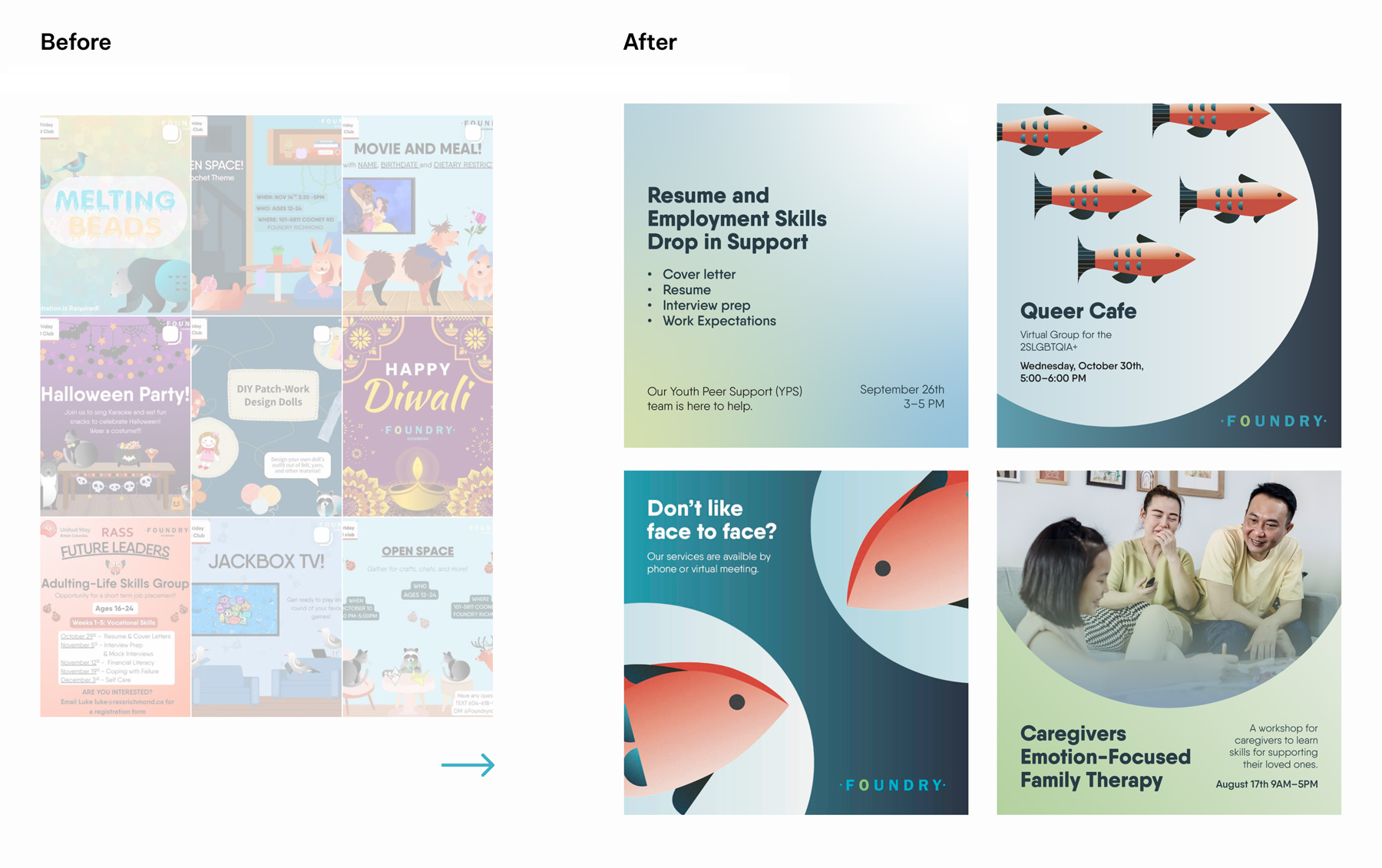 Before and after photo of example Instagram style social media posts for Foundry.